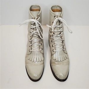 Vintage Justin Diamond White/Gray Leather Roper Lace Up Western Boots Size 7 C